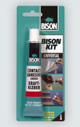 Bison Kit Universal Contact Adhesive   Клей контактный универсальный Описание продукта	
Универсальный контактный клей на основе синтетических смол, каучуков и растворителей
Область применения	
Ламинирование слоистыми пластиками, отделка кромок шпоном, резиной или пластиком, приклеивание пористой резины, кожи, линолеума, фетра и пробки к дереву, ДСП, бетону, камню и металлам. 
Физические свойства	
Разбавление: для разбавления используется только “Thinner”
Температура эксплуатации: -15…+70°С
Температура применения: минимум +5°С
Рабочее время 10-40 мин.
Устойчивость к действию низких температур: отличная (при загустевании поместить в хорошо отапливаемое помещении при температуре выше 20°С на несколько часов).
Влагостойкость: хорошая
Устойчивость к действию химических реагентов (масла, щелочи, кислоты): хорошая 
Технические данные	
Основа: полихлоропреновый каучук
Цвет: желтый/коричневый
Сухой остаток: 25%
Удельная плотность: 860 кг/м3
Вязкость: 3,5 Pa·s при +20°С.
Точка воспламенения: 0°С 
Применение	
Склеиваемые детали должны быть чистыми, сухими, очищенными от жира и пыли; до приклеивания  склеиваемые части должны быть тщательно подогнаны друг к другу. 
Инструменты: жесткая кисть, шпатель. Инструменты очищаются растворителем.
Расход: при нанесении на обе склеиваемые поверхности  - 1 тюбик 50 мл на 0,1 м2.
Указания по применению	
Клей наносится на обе склеиваемые поверхности. При низких температурах сам клей и склеиваемые материалы должны иметь более высокую температуру по сравнению с окружающей средой, так как на холодных материалах конденсируется влага из окружающего воздуха. Влага, выступившая на поверхности клея может быть губительной для процесса склеивания. 
Пористые поверхности необходимо дважды покрыть клеем – второе покрытие производится после того , как первый слой клея высохнет.
После истечения времени гуммирования, то есть палец не прилипает к нанесенному слою клея – соединить корректно склеиваемые детали между собой. После соединения поверхностей сдвиг или смещение деталей невозможно.
При необходимости после соединения прокатать склеиваемые изделия тяжелым валиком. Лучшие результаты достигаются при использовании пресса за счет равномерного и сильного давления по всей поверхности.
Излишки свежего клея удаляются растворителем или спиртом; засохший клей можно убрать специальной смывкой для старой краски.